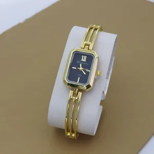 Elegant women's rectangular quartz bracelet watch with hollow gold bangle band for daily use.