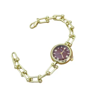 Gold-tone chain link womens fashion watch with round burgundy dial elegant wrist watch