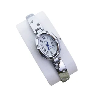 Korean style oval women's bracelet watch with Roman numeral dial and sparkling rhinestones.