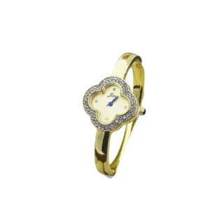 Luxury women rhinestone four leaf clover bangle quartz watch gold fashion dress timepiece