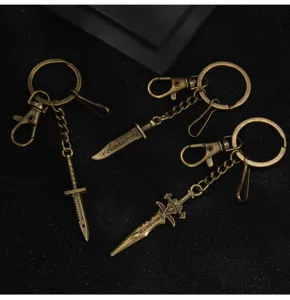 Bronze fantasy sword keychain, antique metal dagger rune pendant for bags and keys.