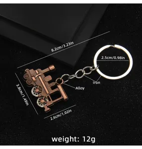 Close-up detail of vintage locomotive keychain with alloy and iron material specifications.