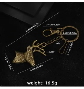 Détail de porte-clés tête de cerf en métal montrant les dimensions et les spécifications.