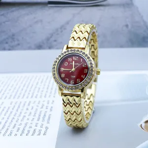 Fashion women quartz watch with red dial rhinestone bezel and gold zigzag bracelet
