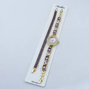 Set orologio al quarzo donna e bracciale cristallo viola con finitura oro elegante e pietre.