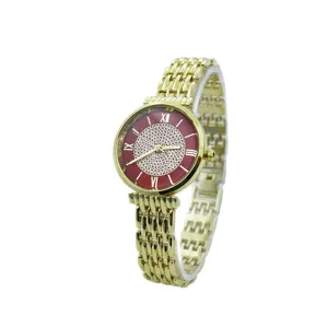 Reloj de cuarzo para mujer dorado con esfera roja y correa de metal para uso diario