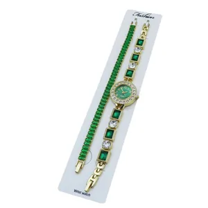 Set orologio al quarzo da donna e bracciale in cristallo verde, elegante regalo di gioielli moda.