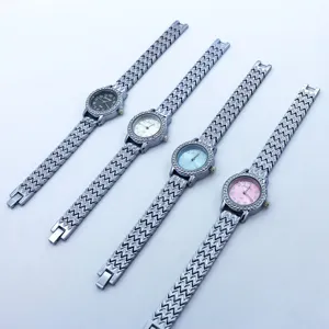 Stylish women quartz watch with rhinestone bezel, metallic woven strap and colorful dial options.