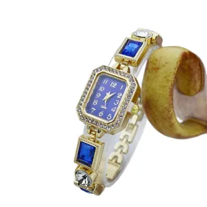 Damen Mode Strass rechteckige Quarzuhr mit blauem Zifferblatt und Luxus Kristall Armband