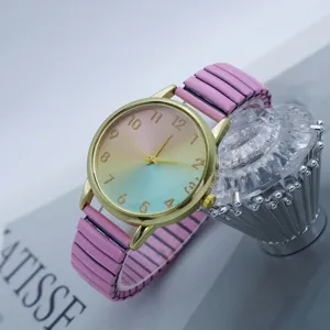 Fashion Retro Rainbow Dial Quartz Watch For Women Gold Alloy Round Case Metallic Elastic Band Wristwatch Student Jewelry