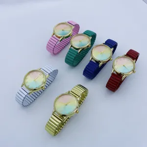 Colorful gradient rainbow dial quartz watch with comfortable stretchy elastic band
