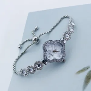 Donna trifoglio quarzo orologio argento strass regolabile scorrevole bracciale elegante chic
