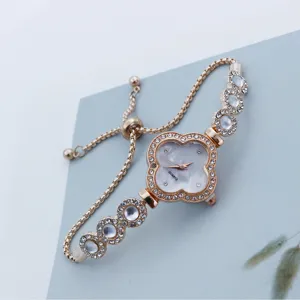 Orologio donna trifoglio strass quarzo bracciale scorrevole regolabile quadrante elegante