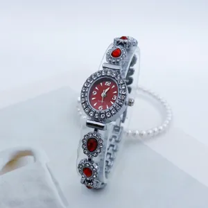 Damen Quarzuhr silberfarben ovales rotes Zifferblatt Strass Tropfen Armband Mode Accessoire