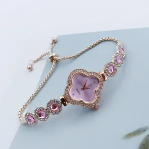 Orologio donna quarzo quadrifoglio, quadrante rosa strass, bracciale elegante stile.