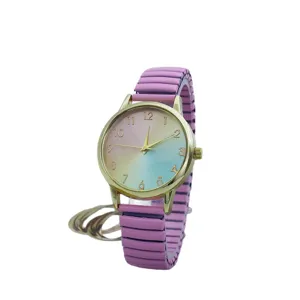 Women fashion quartz watch with pink stretch band gradient rainbow dial casual wristwatch