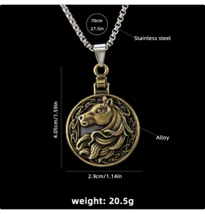 Vintage round horse head stainless steel necklace detail view with dimension and weight info.