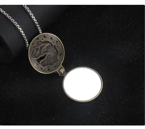 Vintage bronze round horse head locket necklace with mirror and metal chain detail view