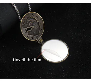 Vintage round horse head stainless steel locket necklace with mirror and chain detail.