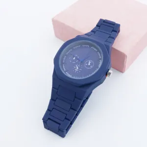 Close-up detail of the stylish blue resin quartz watch showing dial and strap texture.