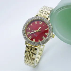 Donna moda orologio quarzo strass quadrante rosso numeri romani bracciale lega oro