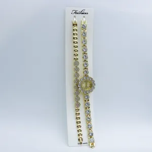 Ensemble montre quartz strass dorée et bracelet pour femmes, élégant cadran fleur mode.