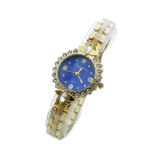 Montre quartz femme strass de luxe avec cadran bleu et bracelet doré mode élégante