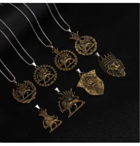Vintage lion pendant necklace stainless steel men hip hop crown amulet jewelry detail