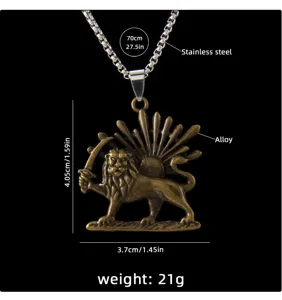 Vintage stainless steel lion sun pendant necklace with chain, men's retro hip hop jewelry.