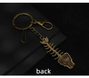 Retro Bronze Fisch Skelett Schlüsselanhänger, Punk Gothic Taschenanhänger und Autoschlüssel.
