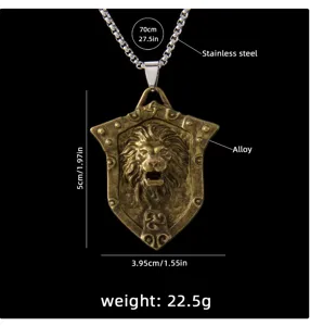 Retro lion shield pendant stainless steel necklace with detailed size and weight specs.