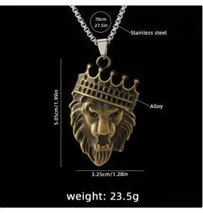 Retro lion crown pendant stainless steel necklace for men hip hop vintage sweater chain