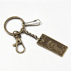 Vintage Metall US Dollar Schein Schlüsselanhänger mit Karabiner Retro Bronze für Dekoration.