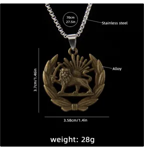 Vintage stainless steel lion pendant necklace with alloy emblem, chain length 70cm for men.