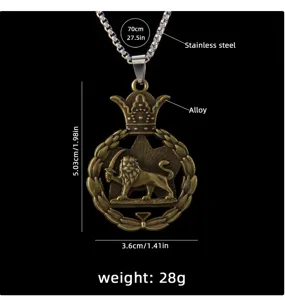 Vintage lion pendant necklace with stainless steel chain, detailed crown and sword motif.