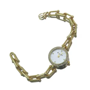 Damen Gold Ton Kette Quarz Uhr mit Strass Lünette und Hufeisen Gliedern eleganter Stil.