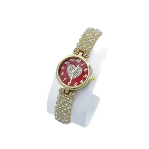 Luxus Strass Damen Quarzuhr mit rotem Herz Zifferblatt und goldenem Edelstahl Armband.