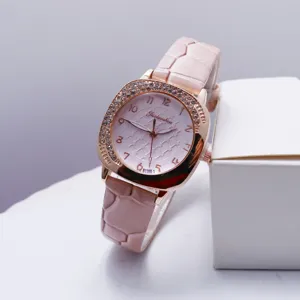 Korean style square quartz women watch pink leather strap crystal dress wristwatch detail