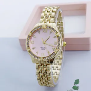 Splendido orologio da donna al quarzo dorato con quadrante rosa e lunetta strass.