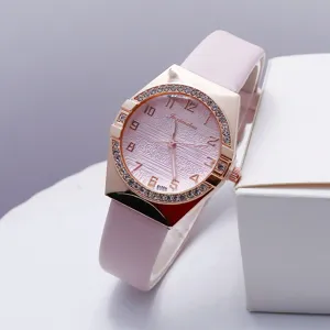 Women's quartz wristwatch with pink PU leather strap, rose gold crystal bezel and textured dial.