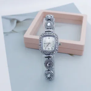Silver rhinestone square women quartz watch with sparkling crystal bracelet for fashion daily wear