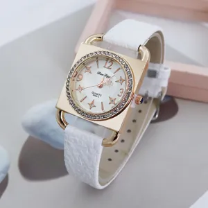 Fashion square women quartz watch with white strap and rhinestone bezel for daily casual wear.