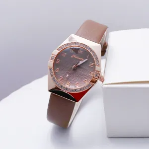 Detail view of women quartz watch featuring rhinestone bezel and brown PU leather strap.