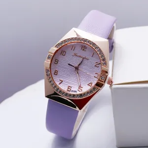 Women's quartz watch with purple PU leather strap, rose gold diamond-set bezel, and stylish dial.