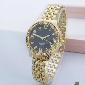 Orologio al quarzo donna moda cinturino lega oro con strass e quadrante nero elegante
