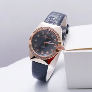 Dames quartz horloge met strass bezel en lederen band modieuze elegante klok 81009