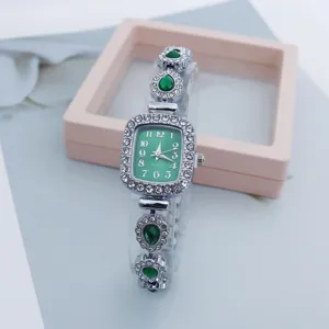 Women rhinestone quartz watch green square dial elegant crystal bracelet wristwatch