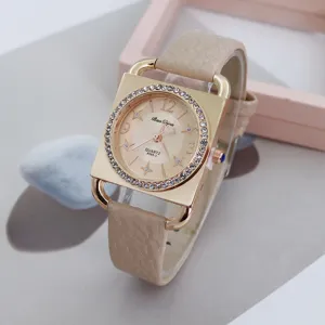 Stylish square women quartz watch with rhinestones and beige leather strap for daily wear.