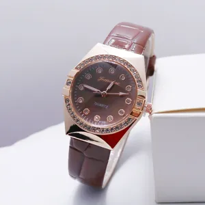 Dames quartz horloge bruine lederen band roségold kristal bezel elegante horloge
