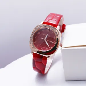 Korean style square women watch red strap diamond quartz wristwatch casual detail view
